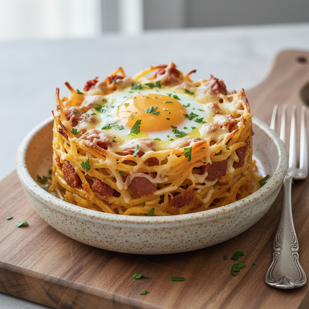 Timbal de Calabaza Espagueti con Huevo y Chorizo