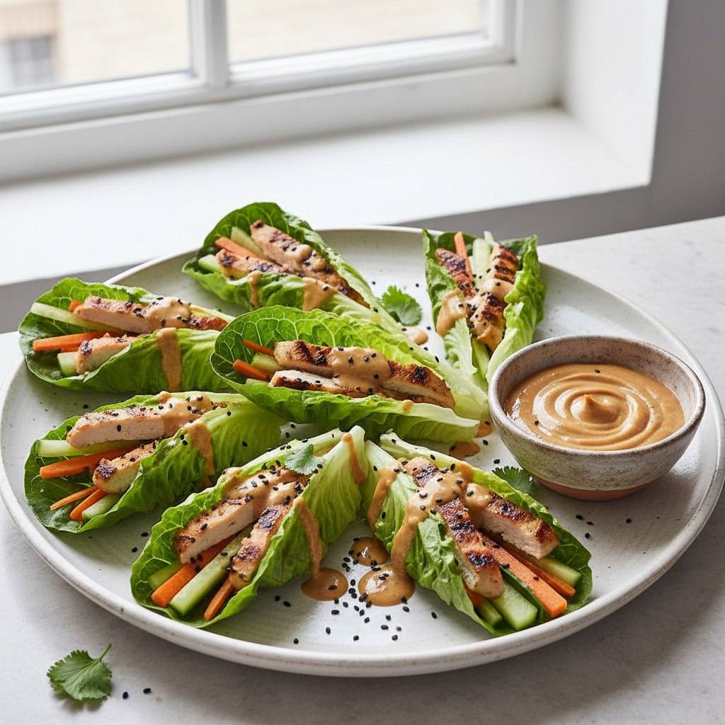 Rollitos de Lechuga con Pollo Thai y Salsa de Maní