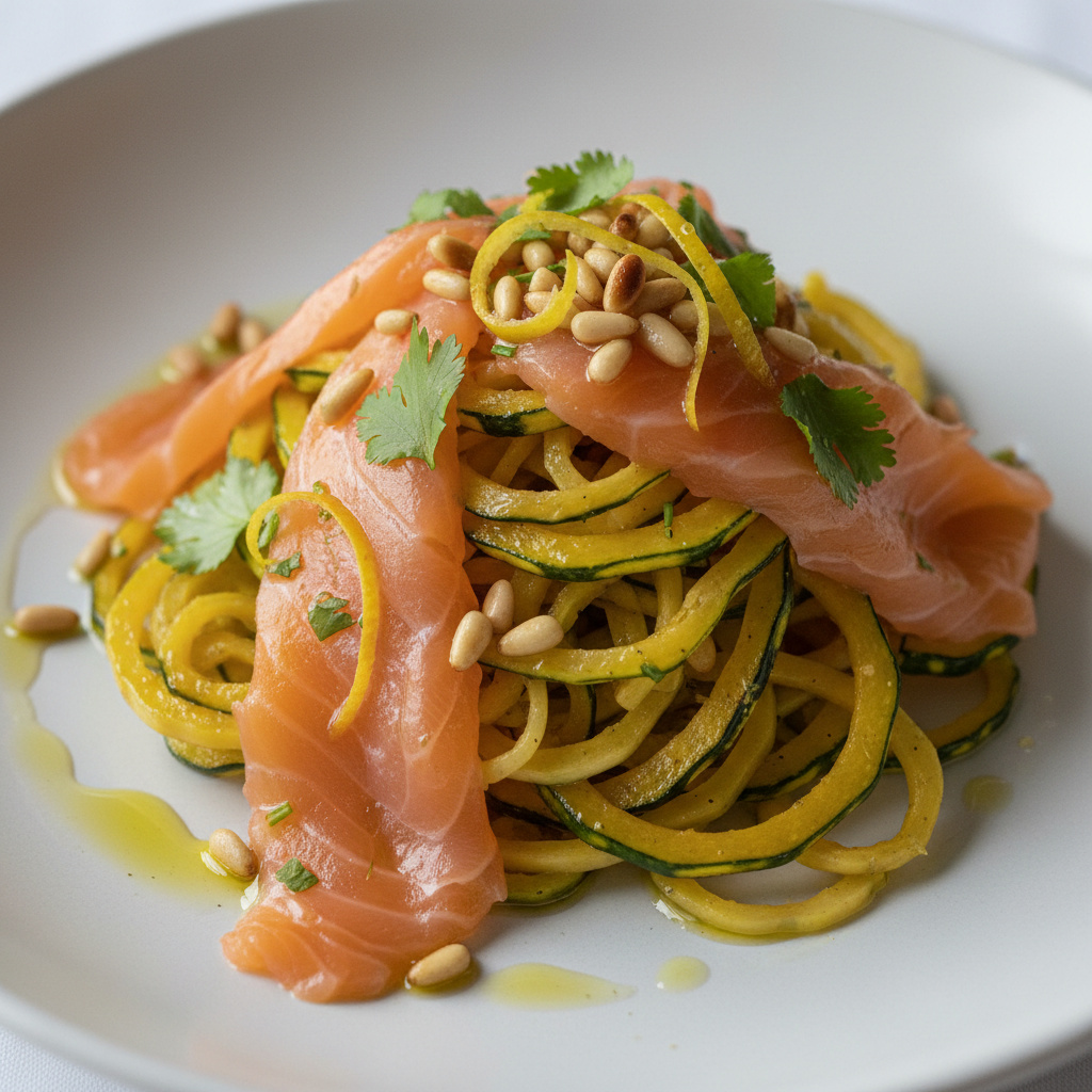 Carpaccio de Calabaza Espagueti con Salmón y Semillas