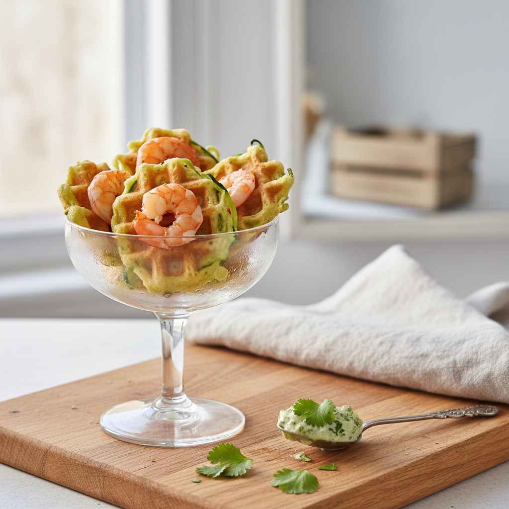 Waffles de Camarones y Calabacín con Alioli de Cilantro