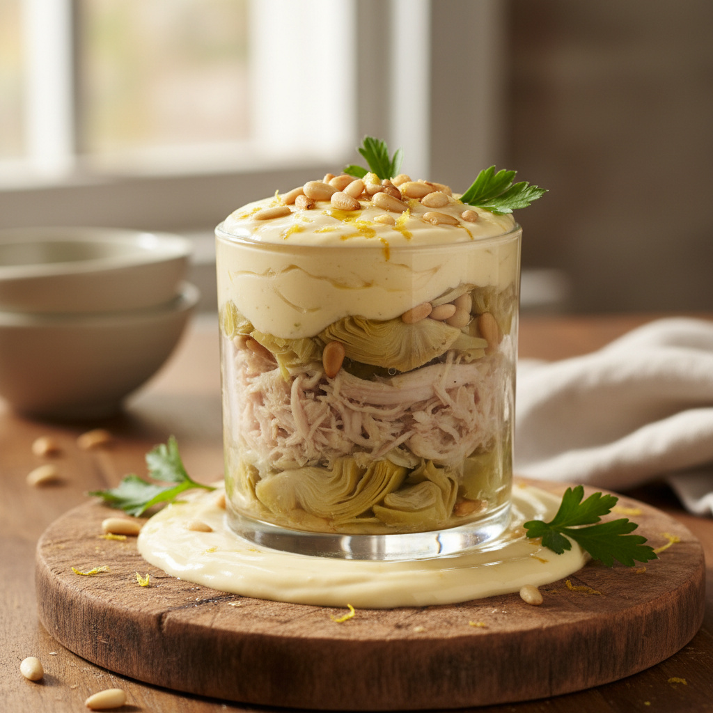 Timbal de Conejo y Alcachofas con Crema de Azafrán