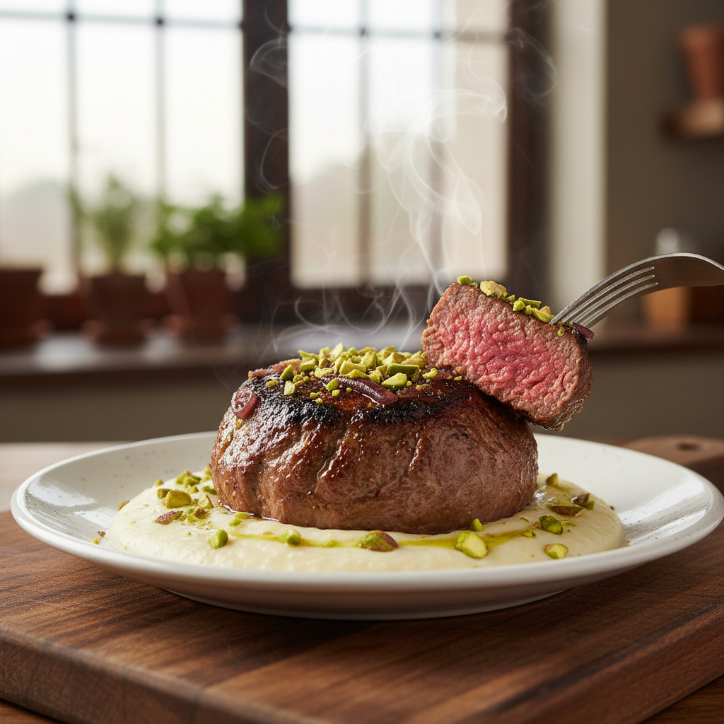 Coulant de Ternera con Crema de Nabo y Pistachos