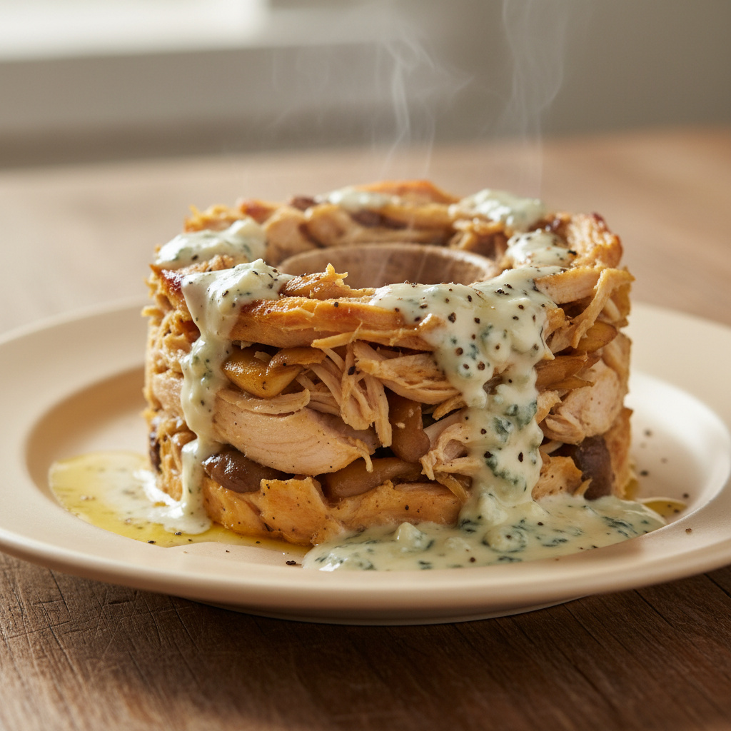 Timbal de Pollo y Champiñones con Crema de Queso Azul