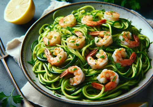 Espaguetis de calabacín keto con gambas jugosas